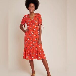 Anthropologie Maeve Eudora Orange Floral Print Midi Dress Sz 4